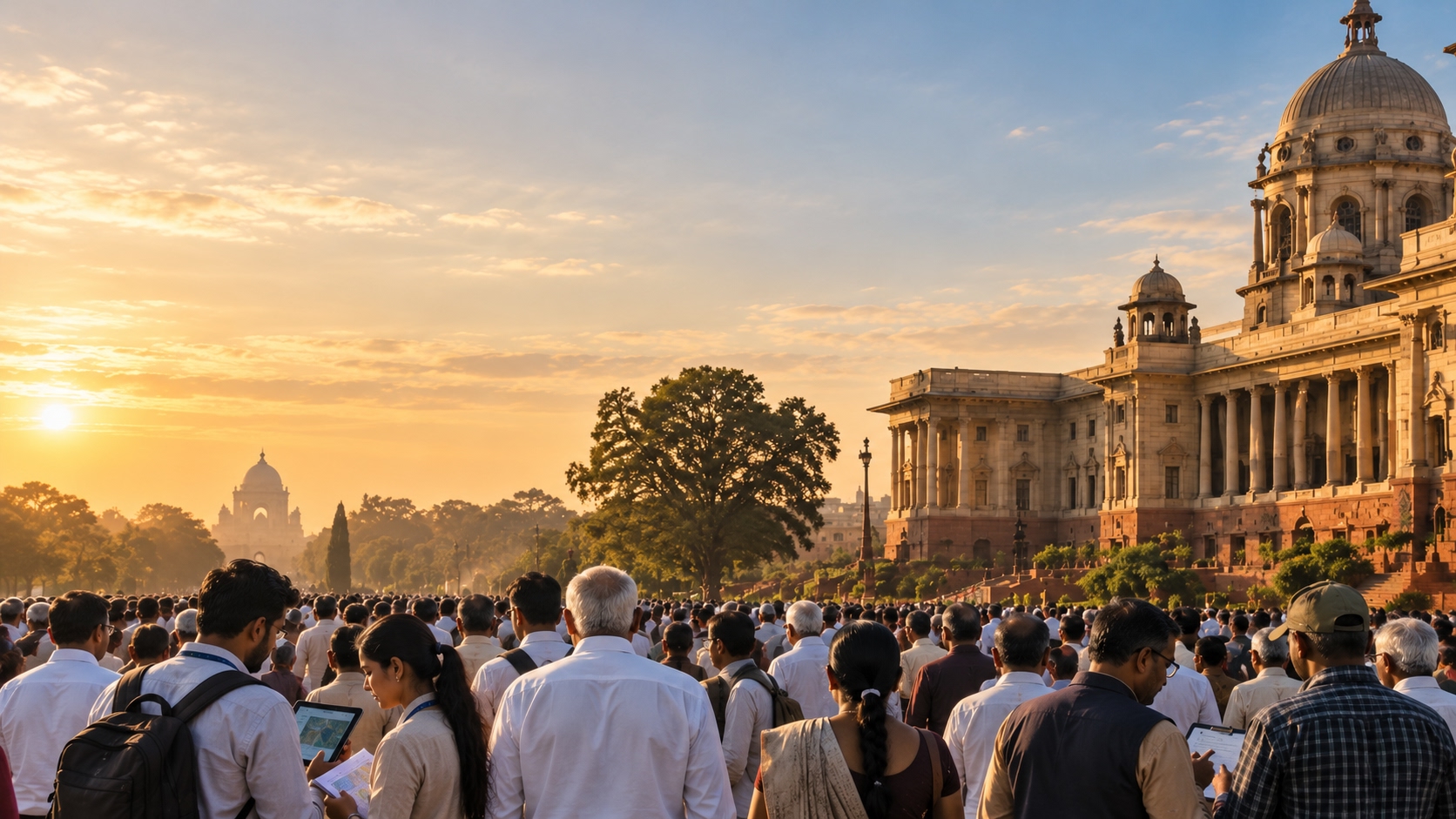 An Indian community gathering outside a civic building in the late afternoon